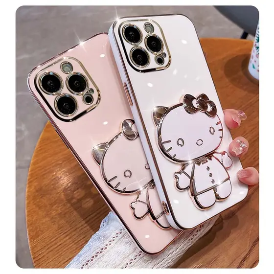 Bonito Hello Kitty Espelho Suporte Caso Para iPhone 16 15 11 12 13 14 Pro Max Mini XR XS X 8 7 6 14 15 16 Plus SE 2020