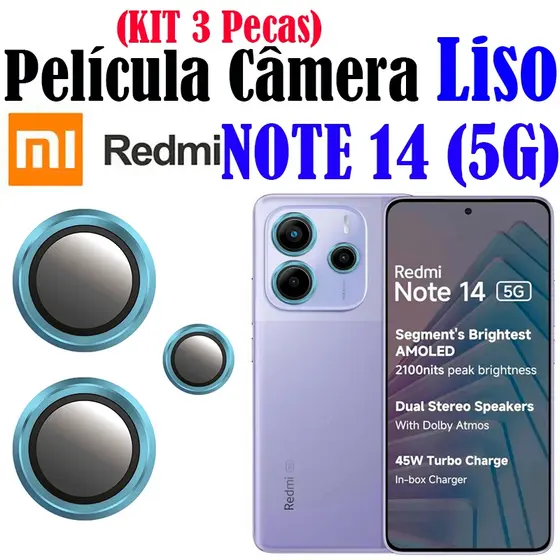 KIT(3 PECAS)Película De Câmera Liso NOTE 14 (5G) XIAOMI Com Anel De Metal Protetors De Lentes Vidro Temperado
