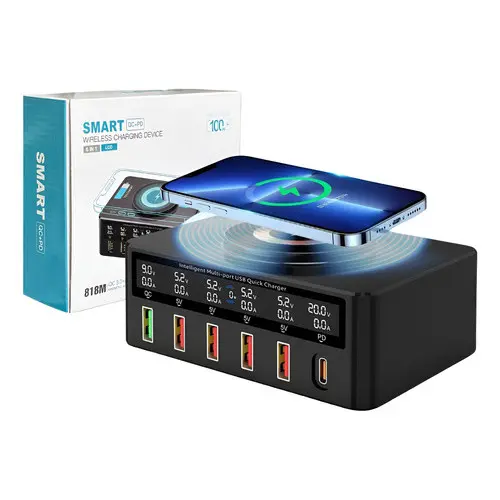 Carregador Usb Fast Charger Rápido 6 Portas Bancada Indução 65W Bivolt 1 Entrada Tipo C 1 Profissional