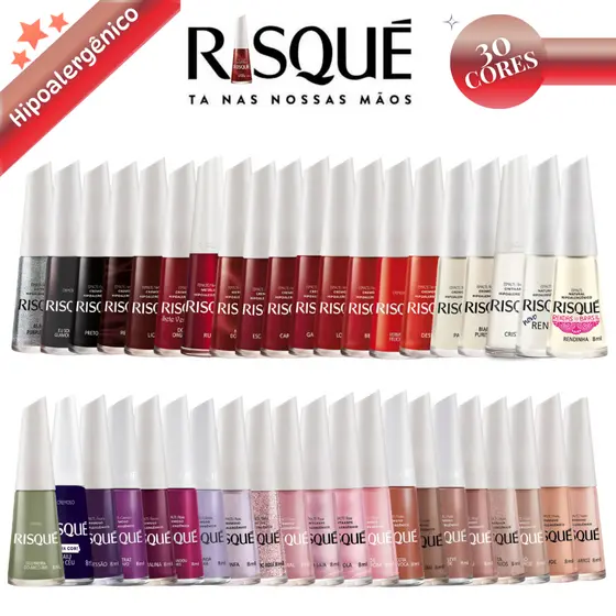 KIT 30 ESMALTES RISQUE - DIFERENTES - CORES SORTIDAS RISQUE ATACADO