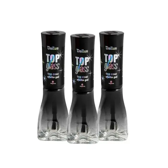 Kit 3 un Dailus Top Coat Glass Efeito Gel Finalização Unhas sem Cabine 8ml