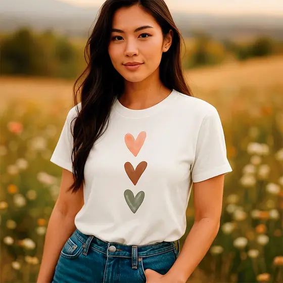 Camisa Feminina Corações Infantil e Adulto 100% Algodão