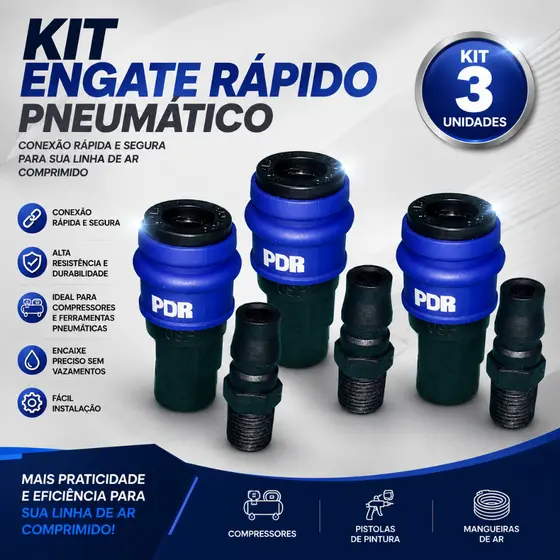 Kit com 3 Conjunto Engate Rápido + Conector 1/4" BSP PDR SF20P + PM20P