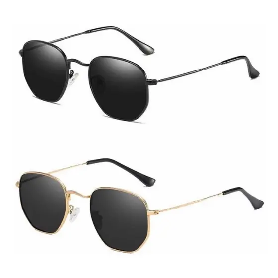Óculos Sol Hexagonal Rêtro Vintage Unissex Preto Dourado