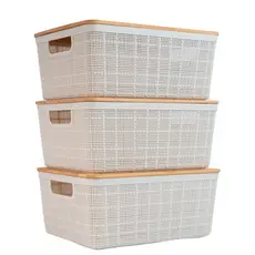 Kit 3 Caixas Organizadoras 4 Litros Brancas C/ Tampa Bambu Oikos