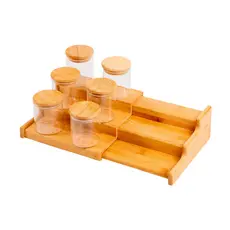 Kit 6 Potes Hermético 200ml com Tampa de Bambu E Rack Organizador de Bambu - Oikos