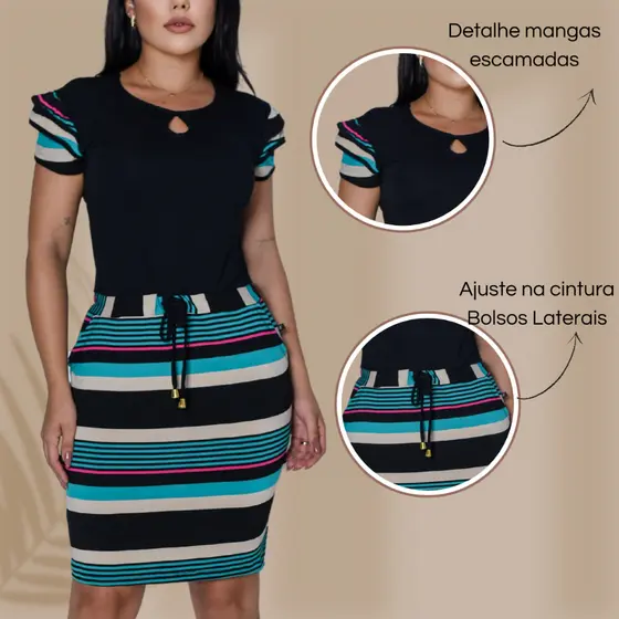 Vestido Feminino Manga Escamada Blusado Amarração na Cintura