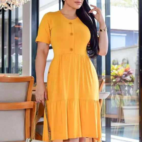Vestido Feminino Rodado Botões Básico Manga Malha Tendencia Moda  Plus Size