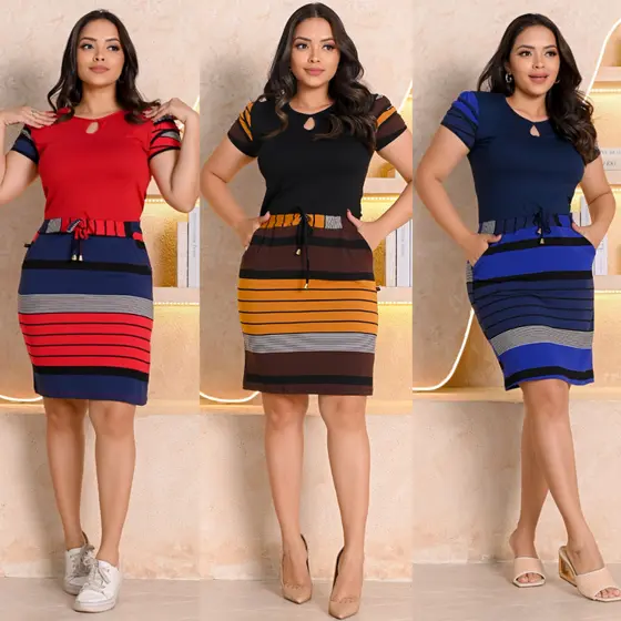 Vestido Feminino Listrado Manga EscamadaTecido Viscolycra