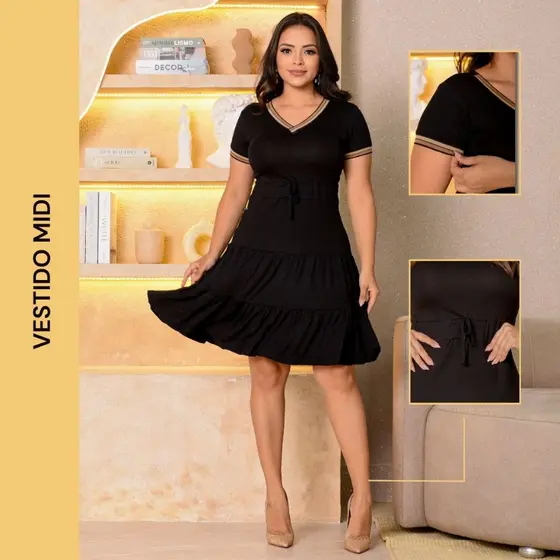 Vestido Feminino Midi Moda Jovem Rodado Babado Malha Premium