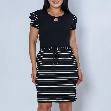 Vestido Casual Basico Versátil Manga Escamada Ajuste na Cintura