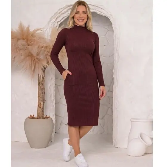 Vestido Feminino Longo Tubinho Manga Longa Gola Alta Ribana Canelada Inverno Frio