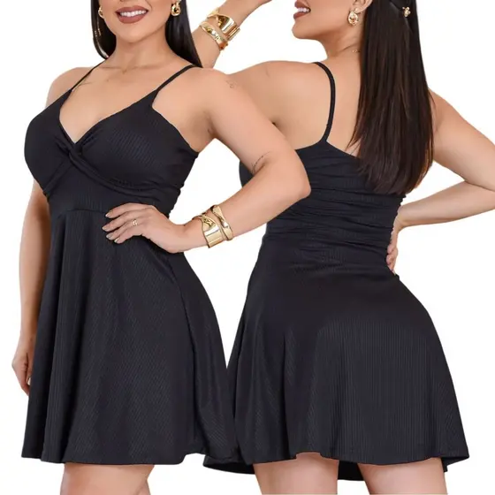 Vestido Feminino de Alça Com Bojo Canelado Curto Soltinho