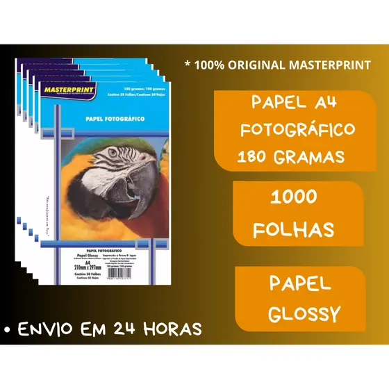 Papel Fotográfico 180g A4 1000 folhas Glossy Brilhante à Prova D'Água