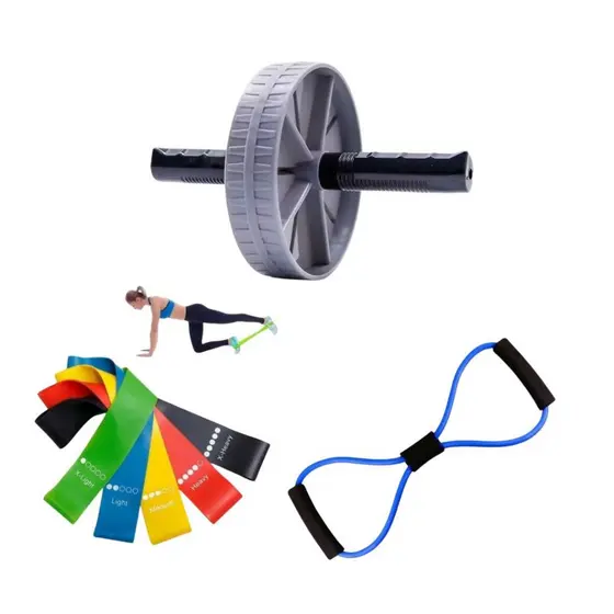 Kit Funcional Completo Roda Abdominal + Kit Theraband Faixas Elásticas + Elástico Multifuncional Academia Em Casa