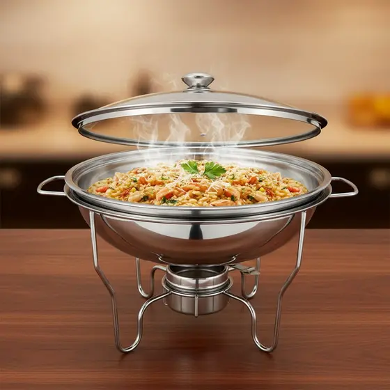 Rechaud Redondo Aço Inox Buffet Banho Maria Suporte Tampa Vidro Com duas Cubas