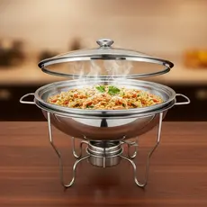 Rechaud Redondo Aço Inox Buffet Banho Maria Suporte Tampa Vidro Com duas Cubas