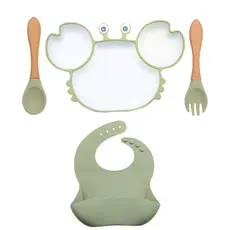 Kit Alimentação Bebê Prato Talher Babador Silicone Livre de BPA Flexível Prato Caranguejo com Ventosa Baby Promo!!