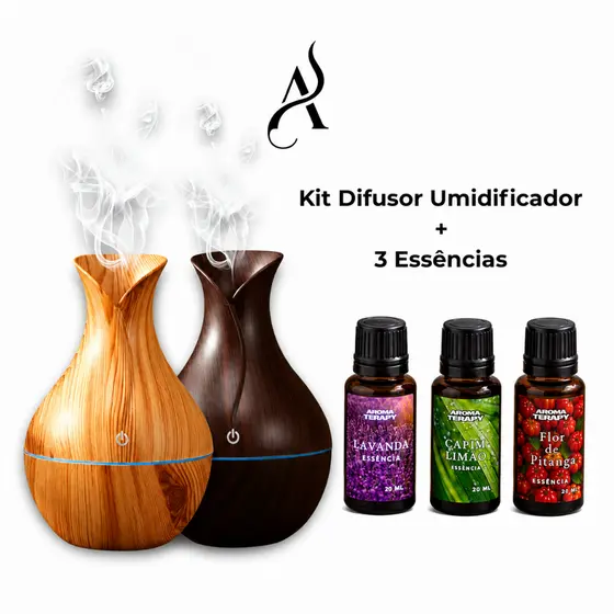 Umidificador de Ar Vaso + 3 Essências Aromatizador Para  Ambientes Design Madeira Elegante Premium