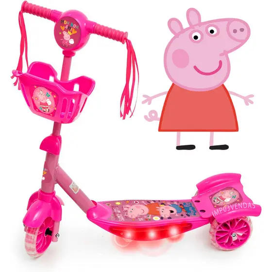 Patinete Musical 3 Rodas Infantil Cesta E Luzes Peppa Pig Novidade