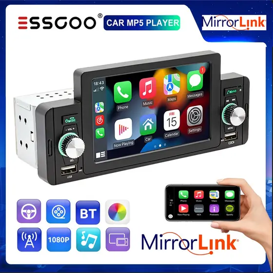 ESSGOO Rádio Estéreo De Carro 5 " HD 1 Din Com Mirror link Bluetooth MP5 Player FM/USB Touch Screen