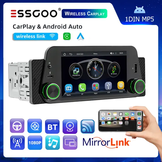 （Do São Paulo) ESSGOO Sem Fio Carplay & Android Auto 5 Polegadas1 Din universal Car Stereo Rádio MP5 Bluetooth Player