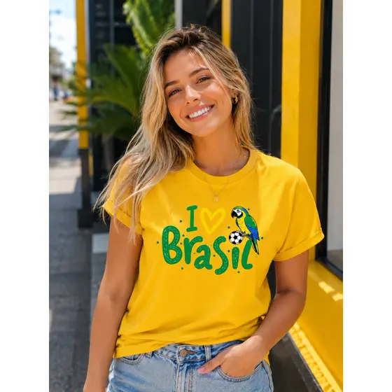 💛 Camiseta Feminina I Love Brasil Arara 🇧🇷 Estampada 100% Algodão Confortável Casual Verão