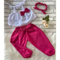 Conjunto Infantil 3 Peças - Blusa Babado com Lacinho, Calça e Tiara - (1 a 2 anos) | Blogueirinha | Tendência
