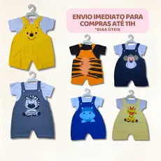 2 a 4 meses - Kit Jardineira Masculina Curta e Blusa Básica / Bebê