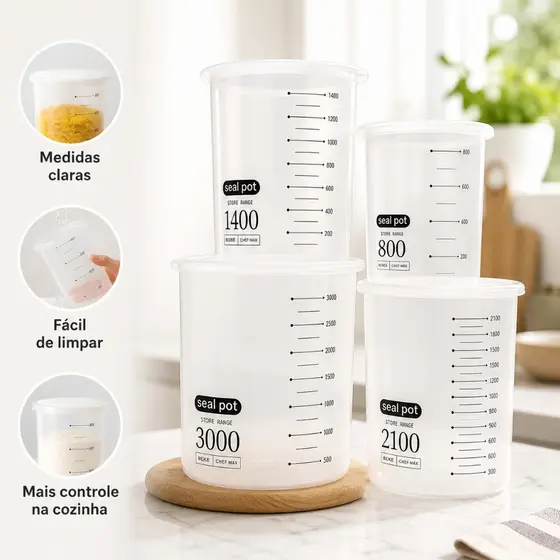 Kit Potes com Dosador Hermeticos Plastico Multiuso Food Storage Conjunto 4 Pecas Transparente