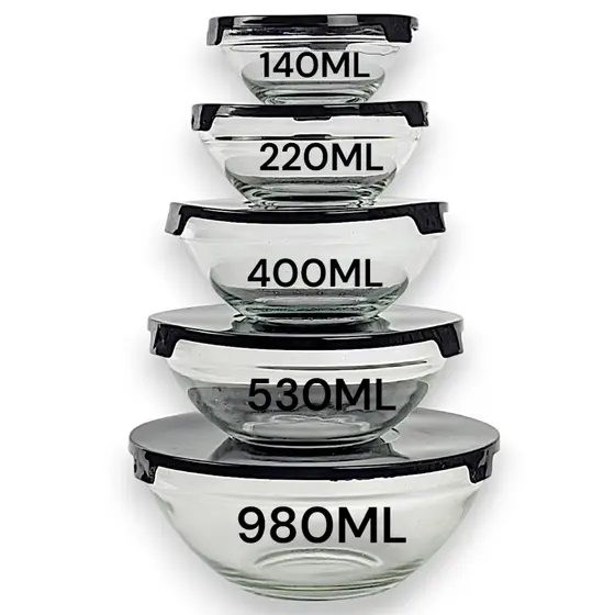Kit 5 potes Vasilha de Vidro Tigela com Tampa Bowl Redondo Refratário Forno Micro-ondas
