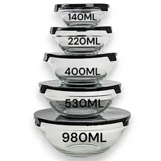 Kit 5 potes Vasilha de Vidro Tigela com Tampa Bowl Redondo Refratário Forno Micro-ondas