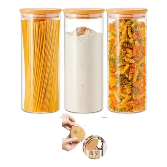Kit 3 Potes de Vidro Porta Condimentos com tampa de Bambu Hermético Multiuso 2 Litros