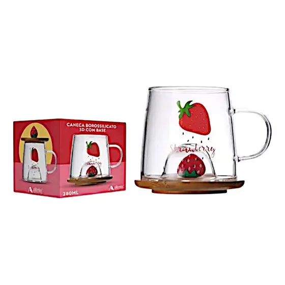 Caneca Xicara De Vidro 3d Morango Com Base De Bambu