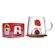 Caneca Xicara De Vidro 3d Morango Com Base De Bambu