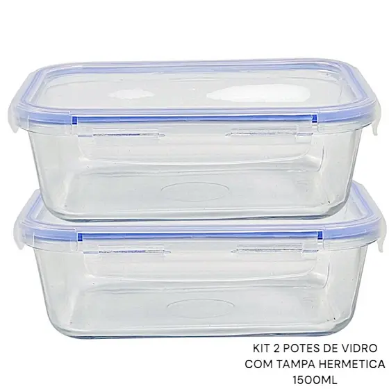 Kit 2 Potes Marmita vidro com tampa Hermética 4 travavas Refratário Forno Micro-ondas Freezer 1500ML
