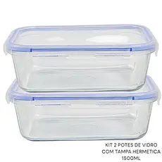 Kit 2 Potes Marmita vidro com tampa Hermética 4 travavas Refratário Forno Micro-ondas Freezer 1500ML