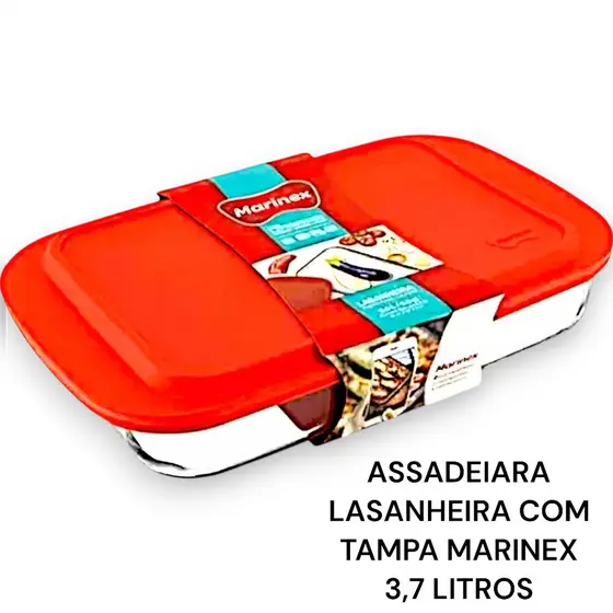 Assadaeira Lasanheira de vidro Marinex com Tampa Travessa 3,7 litros Forno Airfray Micro-ondas