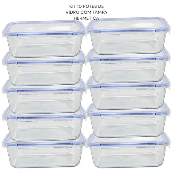 Potes de vidro com tampa hermética kit com 10 refratário 330ml