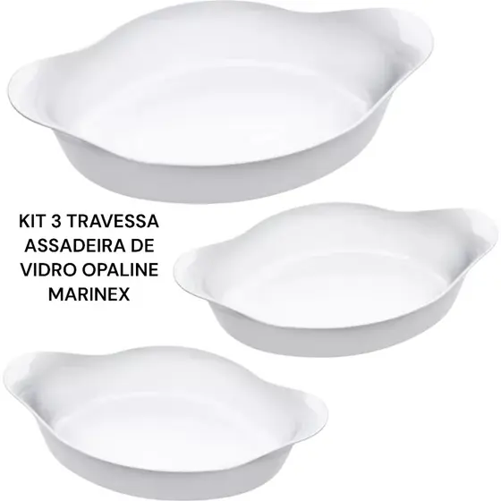 Kit 3 Assadeira Travessa de vidro Marinex Opaline Branca Forno Airfray Micro-ondas