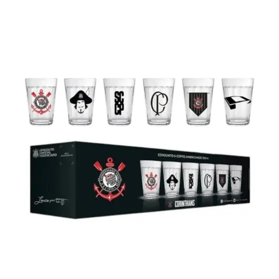 Copo De Vidro Americano Corinthians Oficial Conjunto Com 6 unidades