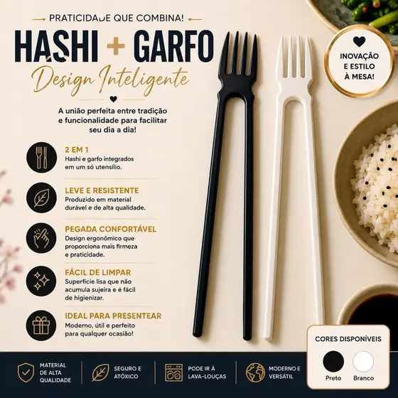 Hashi + Garfo 2 em 1 Reutilizável – Kit Japonês Moderno com 2, 4 ou 6 Peças