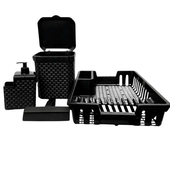Kit Cozinha Completa: Escorredor de Louça + Lixeira 5L + Porta Detergente + Rodinho de Pia