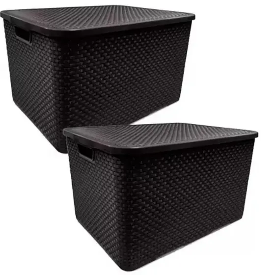 Kit Com 2 Cesto Caixa Organizadora Rattan Com Tampa 7 Litros Preto