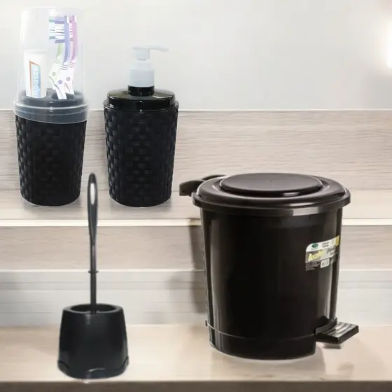 TOALETE LIXEIRA 07 LITROS PEDAL PRETA ESCOVA SANITARIA SUPER REFORÇADA PORTA ESCOVA RATTAN PORTA SABONETE LIQUIDO RATTAN