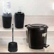 TOALETE LIXEIRA 07 LITROS PEDAL PRETA ESCOVA SANITARIA SUPER REFORÇADA PORTA ESCOVA RATTAN PORTA SABONETE LIQUIDO RATTAN