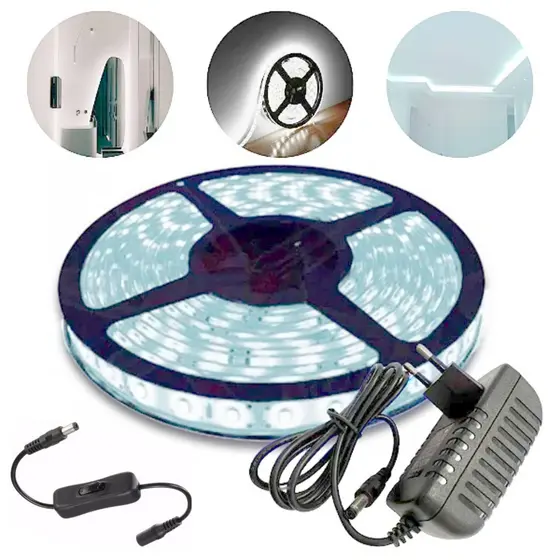 Fita Led 5050 Branco Frio 5m Com Fonte 2A 12V e Interruptor P4 liga desliga fita led branca fria