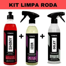 Kit Rodas 500ml Shiny Pretinho + Izer Descontaminante Ferroso + Delet Limpa Borracha Vonixx