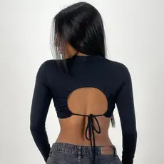 Cropped Feminino Costa Nua Manga Longa com Amarração em Suplex Premium Pâmella