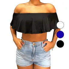 Cropped Feminino Ciganinha Ombro a Ombro Babado com Top Embutido Suplex Premium